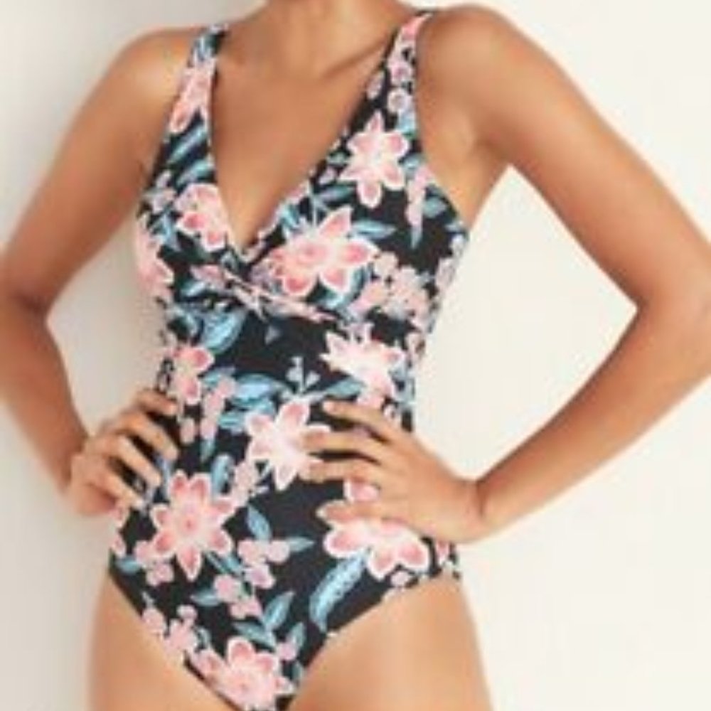 Women's Black Floral-print Twist-front Swimsuit - Picture 1 of 6